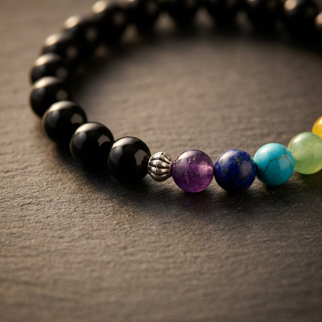 Black Obsidian and Chakra Beaded Stretch Bracelet | Spiritual Healing Jewelry