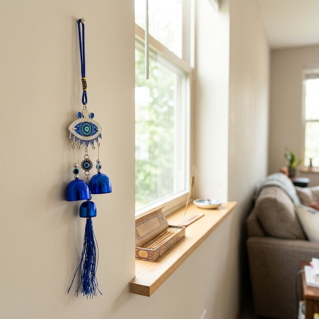 Boho Evil Eye Home Protection Wind Chime | Spiritual Wall Decor with Bells & Tassel