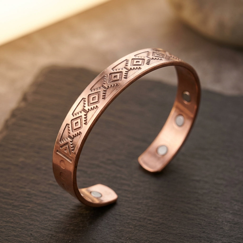 Tribal Pattern Copper Bracelet with Magnets | Vintage Style Copper Jewelry