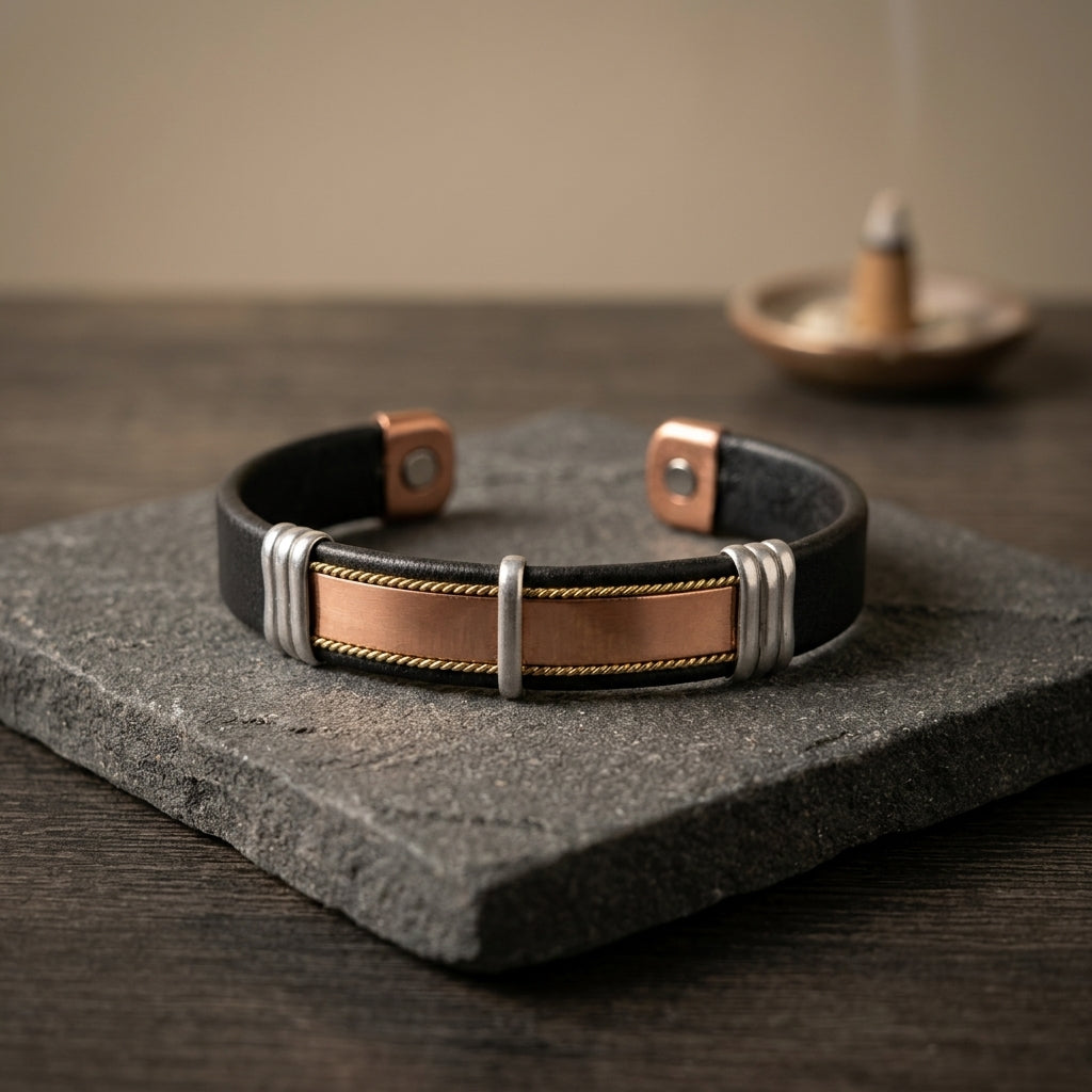 Artisan Copper & Leather Magnetic Cuff Bracelet