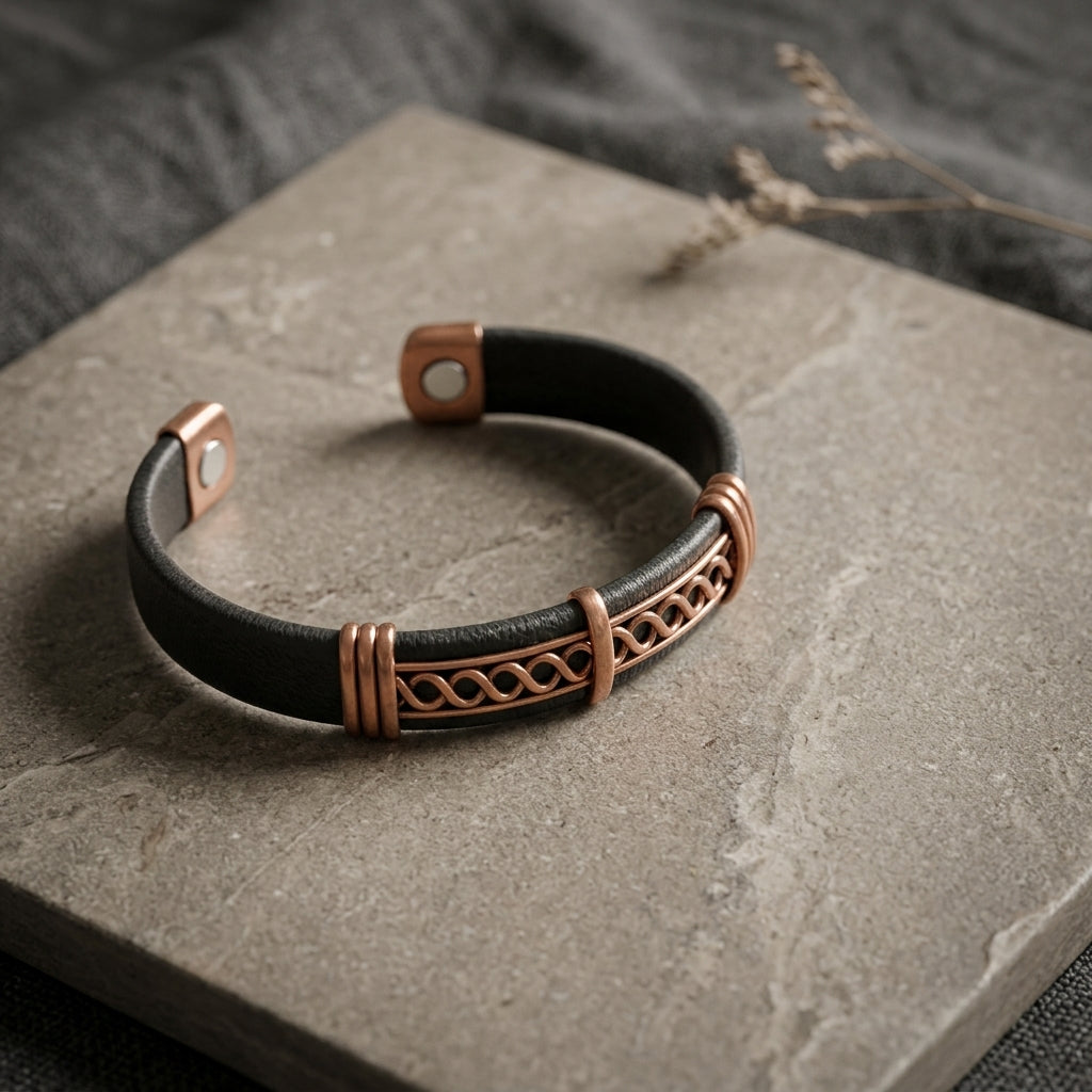 Artisan Mixed Metal Copper & Leather Magnetic Cuff